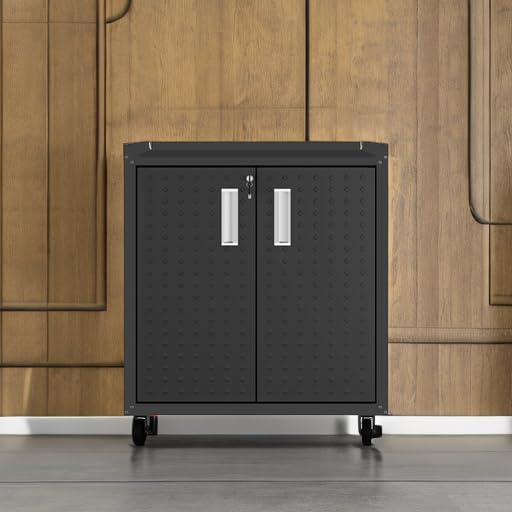 Manhattan Comfort Fortress Textured Metal 31.5" Garage Mobile Cabinet with 2 Adjustable Shelves in Charcoal Grey