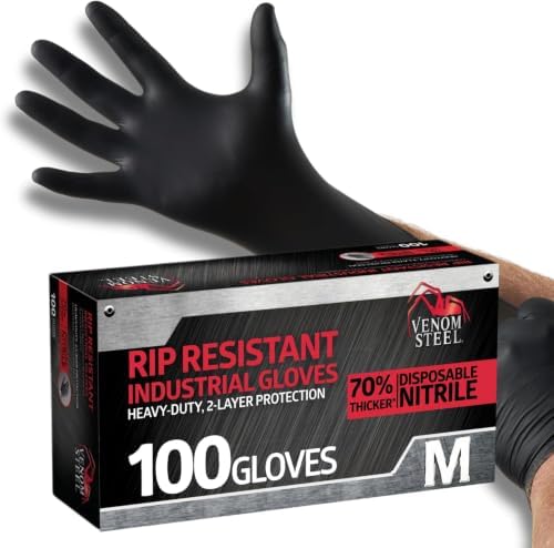 Venom Steel Industrial Nitrile Gloves, Chemical Resistant Disposable Black Gloves, Latex-Free, Powder-Free, Textured Grip, Heavy Duty Two-Layer Protection, 6 mil, Medium (Pack of 1000)