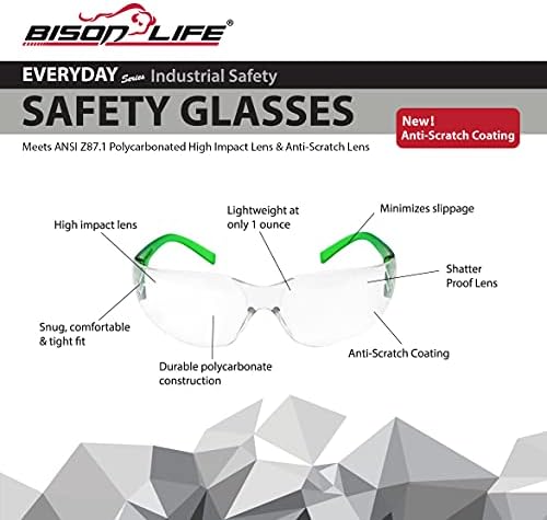 BISON LIFE Clear/Green Safety Glasses for Men & Women, ANSI Z87.1, 144 Pack