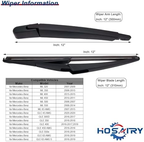 Rear Wiper Arm Blade Set for Mercedes Benz ML Class 2006-2015 ML350 W164 W166 GLE-Class 2016-2017 GLE300 GLE350 GLE450 Rear Windshield Wiper Arm Blade Assembly A1698201745 A0009982921