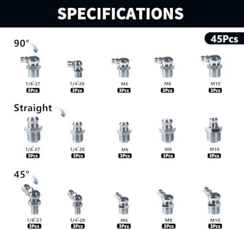 15Sizes Grease Fitting Assortment SAE and Metric Zerk Grease Fittings Kit 1/4 1/8 M6 M8 M10 Straight 45 90 Degree Zerks Nipples (Pack of 45Pcs)