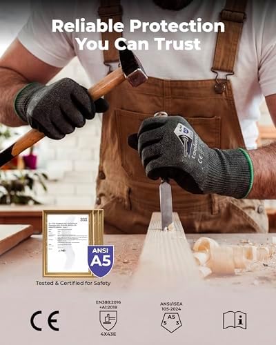 toolant ComfyCut A5 Cut Resistant Work Gloves, ANSI & EN388 Certified Protection with Second Skin Comfort, Fiberglass-Free, Touchscreen & Flexible Grip, for Woodworking, Warehouse, Assembly, Large