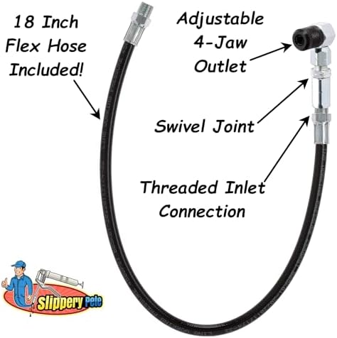 Slippery Pete 90 Degree Grease Gun Coupler - 18 Inch Flex Hose, Threaded Connection, Swivel Head, Grease Gun Fittings Compatible, 31mm Length Head for DIY Mechanics, Garage and Auto Mechanics