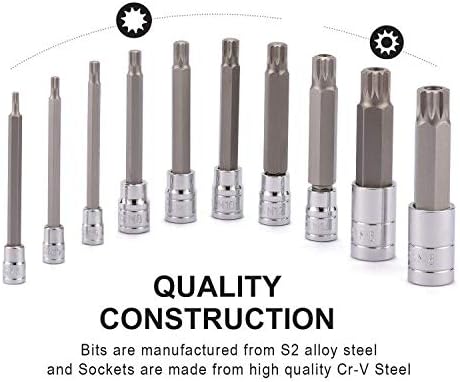 CASOMAN 10 Piece Spline Tip Bit Socket Set, M-Type, S2 and Cr-V Steel, Extra Long 4'' Length, M4-M18, XZN Triple Square Spline Bit Socket Set