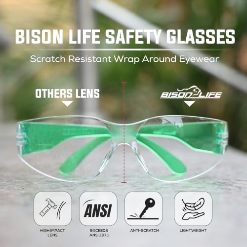 BISON LIFE Clear/Green Safety Glasses for Men & Women, ANSI Z87.1, 6 Pack