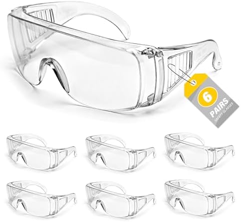 6 Pack Clear Safety Glasses Over Eyeglasses, ANSI Z87.1 Impact Resistant Polycarbonate Lens, Safety Goggles Over Glasses, Protective Eyewear for Lab, Construction, Outdoor Work