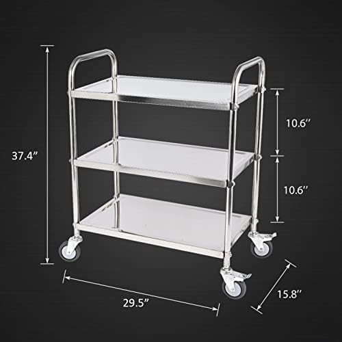 3 Shelf Stainless Steel Cart, 420 lbs, 1MM Thick, Serving With Wheels, Household Service Trolley, 360 Rotation Storage Shelf With Locking Wheels (29.5*15.8*37.4)'' Utility