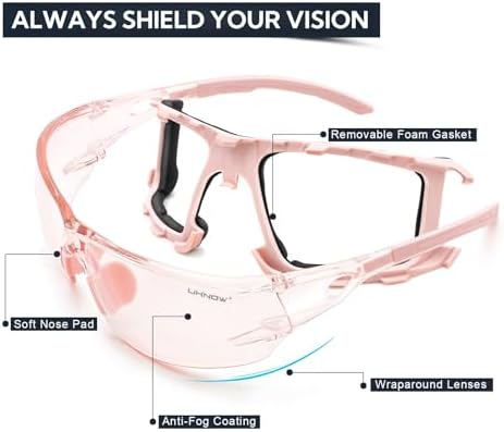 UKNOW Safety Glasses - Anti Fog Wraparound Lenses - Removable Foam Gasket - ANSI Z87.1 Protective Eyewear - Impact Resistant