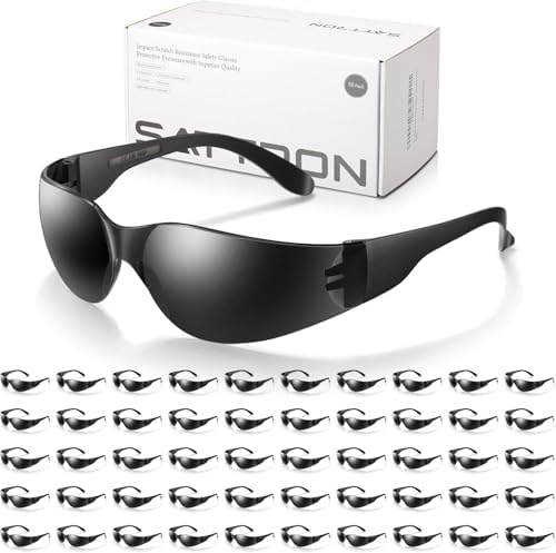 50 Pack of Tinted Safety Glasses, Scratch & Impact Resistant Protective Eyewear, Dark Lenses for UV Protection, Safety Sunglasses for Construction, Outdoor Work & Shooting