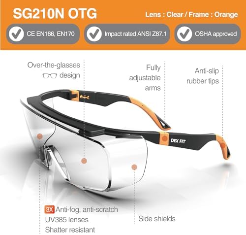 DEX FIT Safety Glasses SG210 Series - Anti-Fog & Scratch Resistant Z87.1 Certified, Adjustable Temples