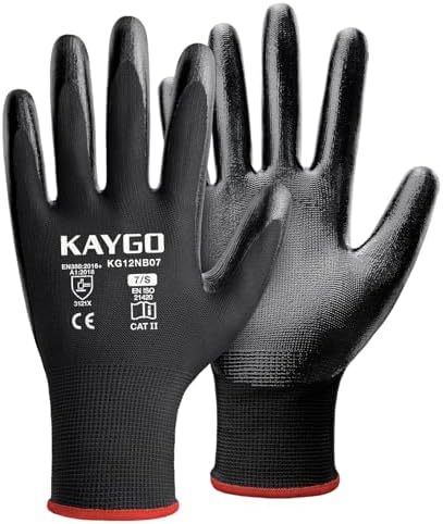 KAYGO Work Gloves for Men and Women, Black Nitrile Coated,KG12N,12Pairs
