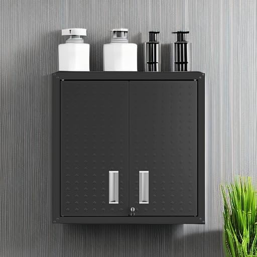 Manhattan Comfort Fortress Floating Garage Storage Cabinet with Adjustable Shelves and Lock, Recessed Handles, Metal Wall Mounted Lockable Utility Cabinet, Steel Garage Storage in Charcoal Gray
