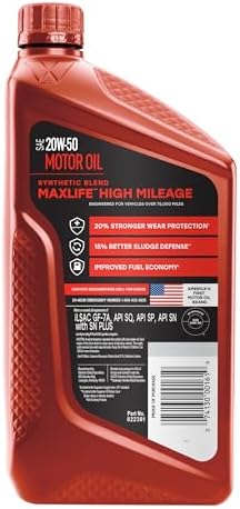 Valvoline High Mileage with MaxLife Technology SAE 20W-50 Synthetic Blend Motor Oil 1 QT, Case of 6