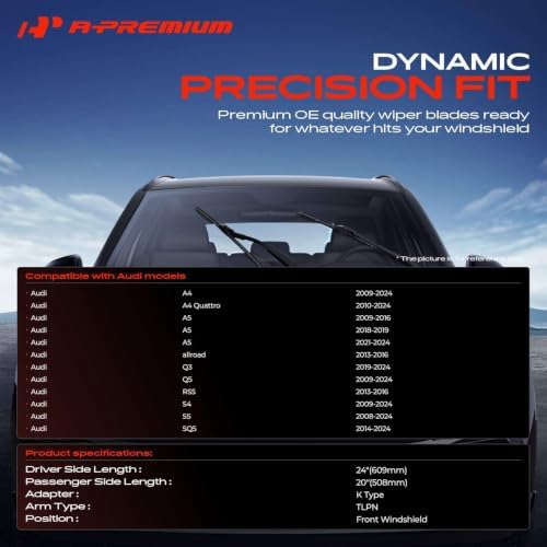A-Premium 24" + 20" Windshield Wiper Blades with Wear Indicator & Towel
