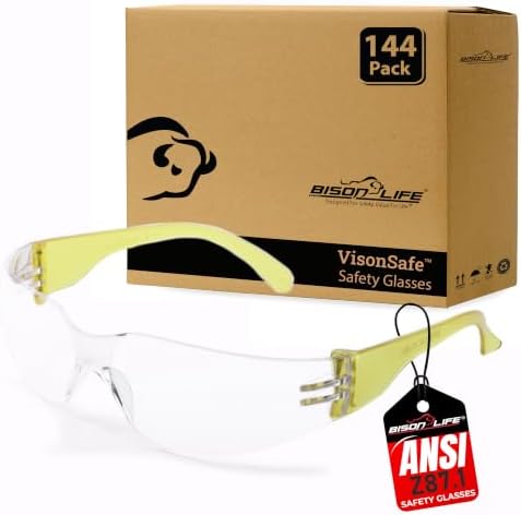 BISON LIFE Clear/Yellow Safety Glasses for Men & Women, ANSI Z87.1,144 Pack