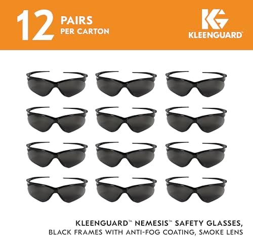 KleenGuard™ V30 Nemesis™ Safety Glasses (22475), with Anti-Fog Coating, Smoke Lenses, Black Frame, Unisex Sunglasses for Men and Women (Pack of 12)