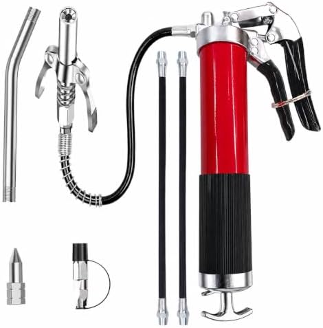 Grease Gun Kit with Quick Release Coupler,Professional 9000 PSI 14oz Heavy Duty. Leak-Proof Greese Gun with 1 Spring Flex Hose,2 Hose,1 Sharp Nozzle,1 Lock Coupler,1 Rigid Pipe