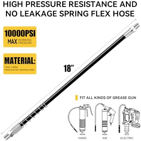 Grease Gun 2PCS 18" Spring Flex Grease Gun Hose, 10000 PSI High Pressure Quick Release Grease, Compatible with All Grease Guns 1/8" NPT Grease Gun Fittings