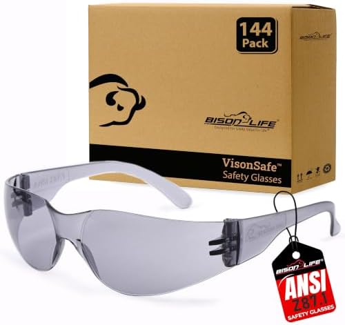 BISON LIFE Gray Safety Glasses for Men & Women, Bulk, ANSI Z87.1, 144 Pack