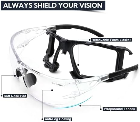UKNOW Safety Glasses - Anti Fog Wraparound Lenses - Removable Foam Gasket - ANSI Z87.1 Protective Eyewear - Impact Resistant