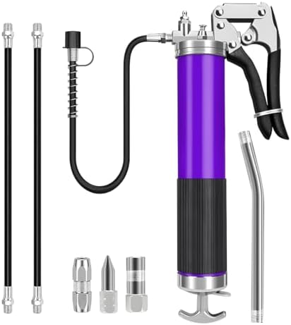 Car Grease Gun, 6000PSI Heavy-Duty Vehicle Pistol Grip Grease Gun Tool Kit, Greasing Kit with 12" Flex Reinforced Hose & Basic Couplers Extension Rigid Pipe, Universal Fit (Purple)