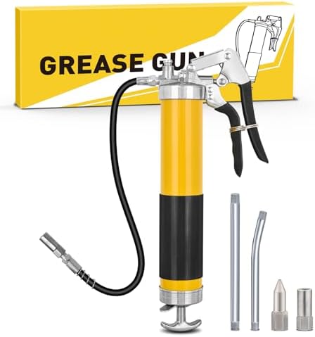 GOOACC Grease Gun 8000 PSI Heavy Duty 14oz Pistol Grip Grease Gun Kit with 18" Spring Flex Hose Sharp Type Nozzle Normal Coupler Rigid Pipe Manual Grease Guns for Greasing Automotive Marine, Yellow