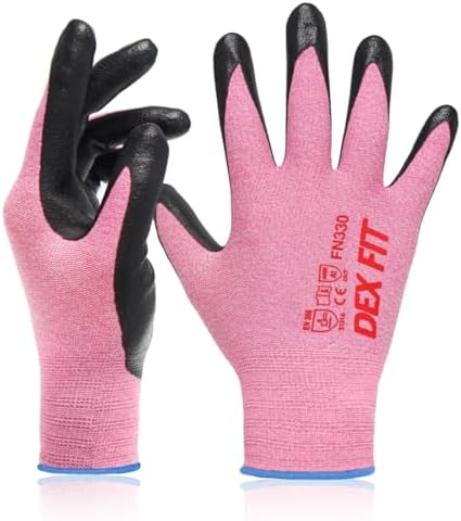 DEX FIT Nitrile Work Gloves FN330, 3D Comfort Fit, Touchscreen Grip Gloves for Warehouse, Construction, Package Handling, Delivery & General Work, Men & Women, Pink, XS, 3 Pairs