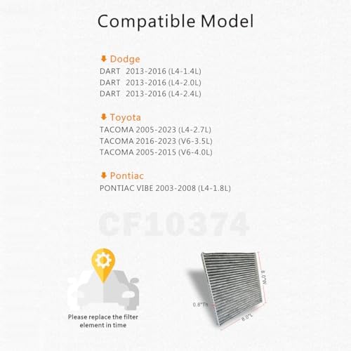 CF10374 Cabin Air Filter with Activated Carbon, Replacement for Toyota Tacoma 2005-2023, Dodge Dart 2013-2016, Pontiac Vibe 2003-2008, Replacement 87139-yzz09