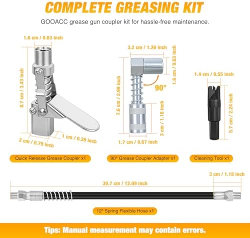 GOOACC Grease Gun Coupler Set Quick Locking Grease Coupler 90 Degree Grease Tips 12" Spring Flexible Hose & Cleaning Tool Compatible with 1/8" NPT Grease Gun Fitting & SAE Metric Zerk Fittings 4 PCS