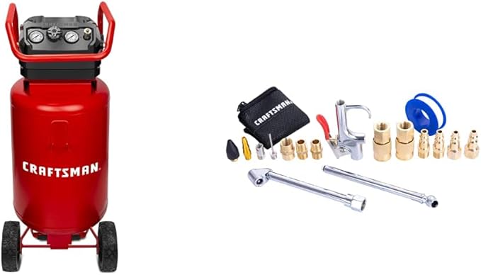 CRAFTSMAN Air Compressor, 20 Gallon, 1.8 HP, Oil-Free Air Tools, Max 175 PSI Pressure, 2 Quick Coupler, Long Lifecycle Low Noise, Model: CMXECXA0232043, Red & 18-pc. Air Accessory Kit (CMXZTSG1004NB)