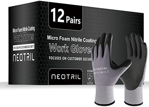 NEOTRIL Safety Work Gloves MicroFoam Nitrile Coated-3/6/12/36 Pairs,Breathable Nylon Working Gloves for Men Women