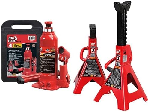 BIG RED 4 Ton (8,000 LBs) Bottle Jack with Storage Case and 2 Pack 3 Ton (6,000 LBs) Jack Stands, Red, T90413 and T43202