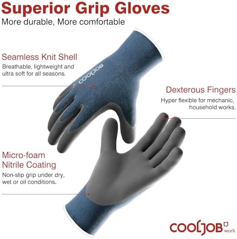 COOLJOB 6 Pairs Gardening Gloves for Men, Breathable Rubber Coated, Small