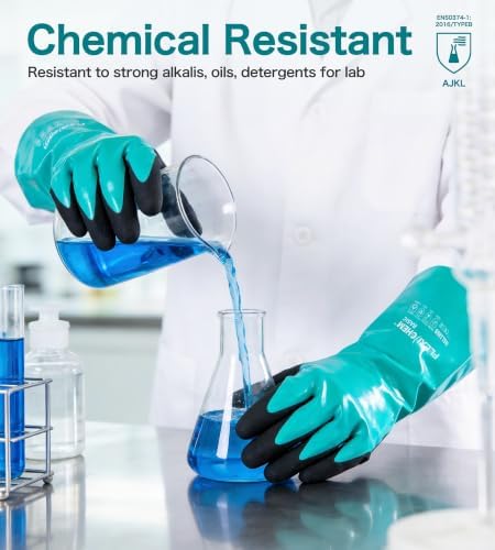 JDL Heavy-Duty Nitrile Chemical Gloves with Nylon Lining, Black Sandy Finish, Reusable Rubber Work Gloves, Acid/Alkali/Oil Protection, Non-Slip, X-Large