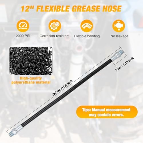 GOOACC Grease Gun Hose Accessory Kit, 12 Inch Flexible Whip Hose with Grease Gun Coupler Tips 1/8" NPT Threads Compatible with Standard Grease Gun Fittings 12000 PSI for Automotive Car Ship Machinery