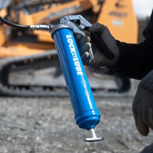 LockNLube Heavy-Duty Pistol Grip Grease Gun (Blue). Includes our patented LockNLube® Grease Coupler (Locks On, Stays On, Won't Leak!) plus a high-quality 20" hose and in-line hose swivel