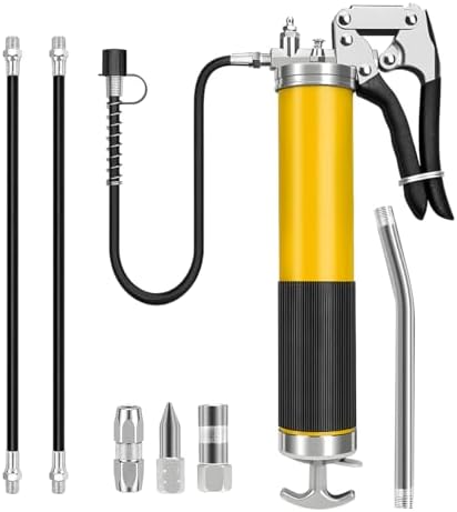 Car Grease Gun, 6000PSI Heavy-Duty Vehicle Pistol Grip Grease Gun Tool Kit, Greasing Kit with 12" Flex Reinforced Hose & Basic Couplers Extension Rigid Pipe, Universal Fit (Yellow)