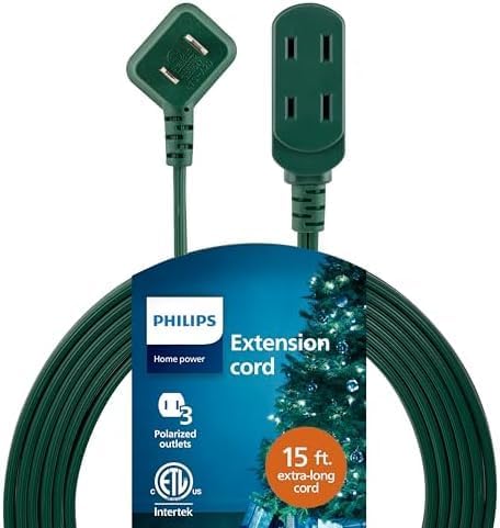 Philips Extension Cord, 15 Ft, 3-Outlet Flat Plug, Safety Slide Multiple Outlets, Indoor, 2 Prong, Green, SPS1032GE/27 (Pack of 12)