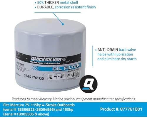 Quicksilver 877761Q01 Oil Filter for Select Mercury and Mariner 75-115hp Outboards and 150hp EFI 4-Stroke Outboards