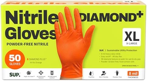 SUPER+ HEAVY DUTY Nitrile Gloves 8 Mil Diamond Texture Disposable Chemical Resistant Powder &Latex Free Food Safe Orange 50Ct
