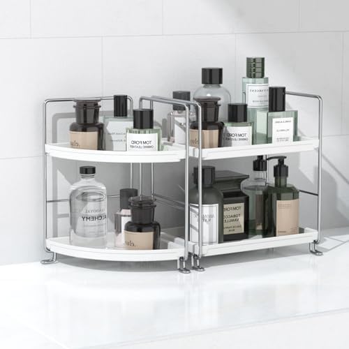 2-Tier Corner Bathroom Countertop Organizer, Tiny Counter Corner Shelf Skincare Makeup Perfume Organizer and Organization for Kitchen (White)