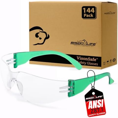 BISON LIFE Clear/Green Safety Glasses for Men & Women, ANSI Z87.1, 144 Pack