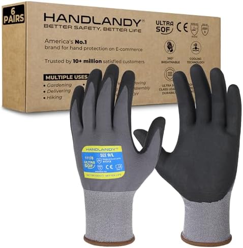 HANDLANDY 6 Pairs Safety Work Gloves with MicroFoam Nitrile Coated - Breathable Nylon Gloves with Grip for Men & Women