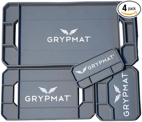 Grypmat Plus Grip Mat for Mechanics - Non-Slip Flexible Silicone Tool Tray - Tool Organizer for Tool Box - Magnetic-Free, Easy-to-Clean Tool Mat - QUAD S, M, L & XL, Gray