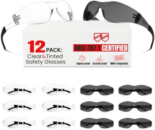 ANSI Z87.1 Safety Glasses Men Women 12 pack(6pack clear safety glasses+6pack safety sunglasses) Scratch & Impact Resistant eye protection glasses for Construction, Outdoor Sports & Work