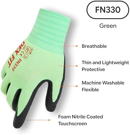 DEX FIT Nitrile Work Gloves FN330, 3D Comfort Fit, Touchscreen Grip Gloves for Warehouse, Construction, Package Handling, Delivery & General Work, Men & Women, Green, M, 12 Pairs