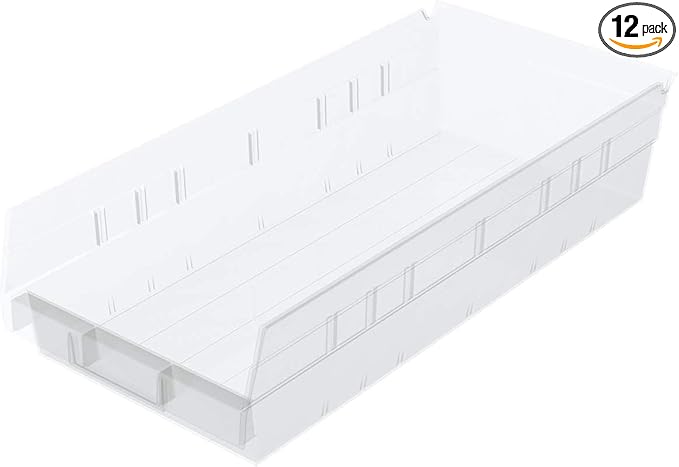 Akro-Mils 30158 Plastic Shelf Bins, Heavy Duty Storage Bins for Garage, Closet, and Drawer Organization, 18-Inch x 8-Inch x 4-Inch, Clear, 12-Pack
