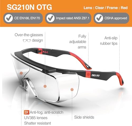 DEX FIT Safety Glasses SG210 Series - Anti-Fog & Scratch Resistant Z87.1 Certified, Adjustable Temples
