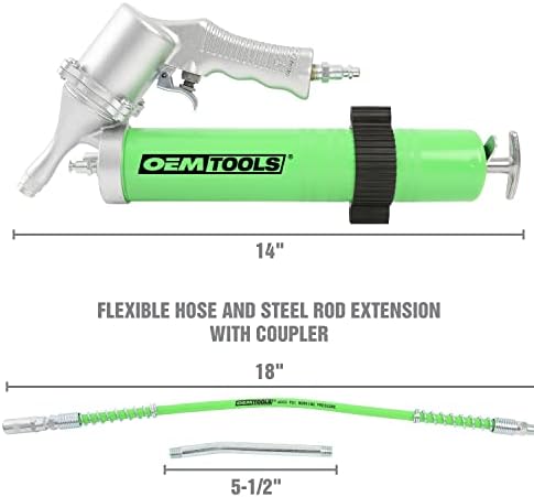 OEMTOOLS 87205 Pneumatic Grease Gun, Continuous Lubrication for Automotive and Industrial Equipment, 6000 PSI Air Grease Gun with 18 Inch Hose and Coupler, Supports Cartridge and Bulk Loading