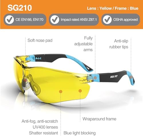 DEX FIT Safety Glasses SG210 Series - Anti-Fog & Scratch Resistant Z87.1 Certified, Adjustable Temples